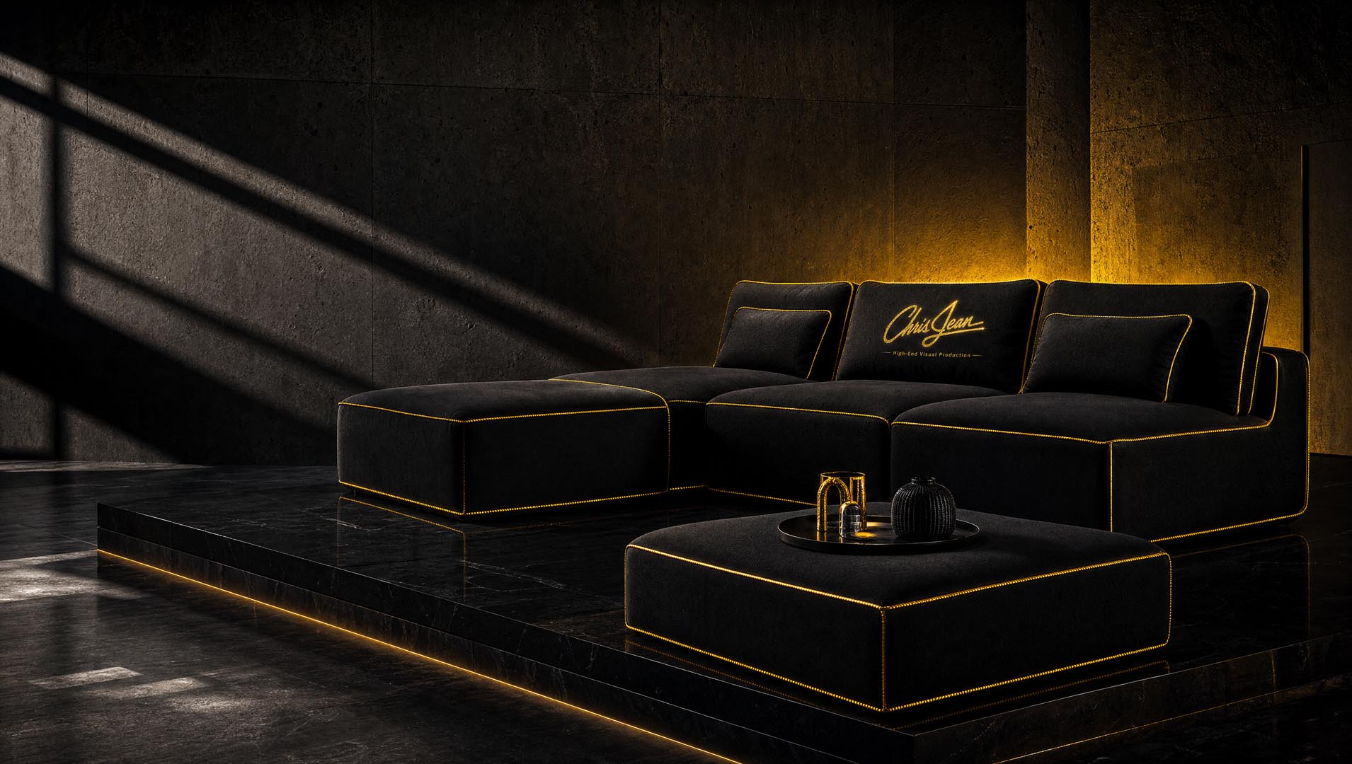 Dark sofa with gold details in a staged interior