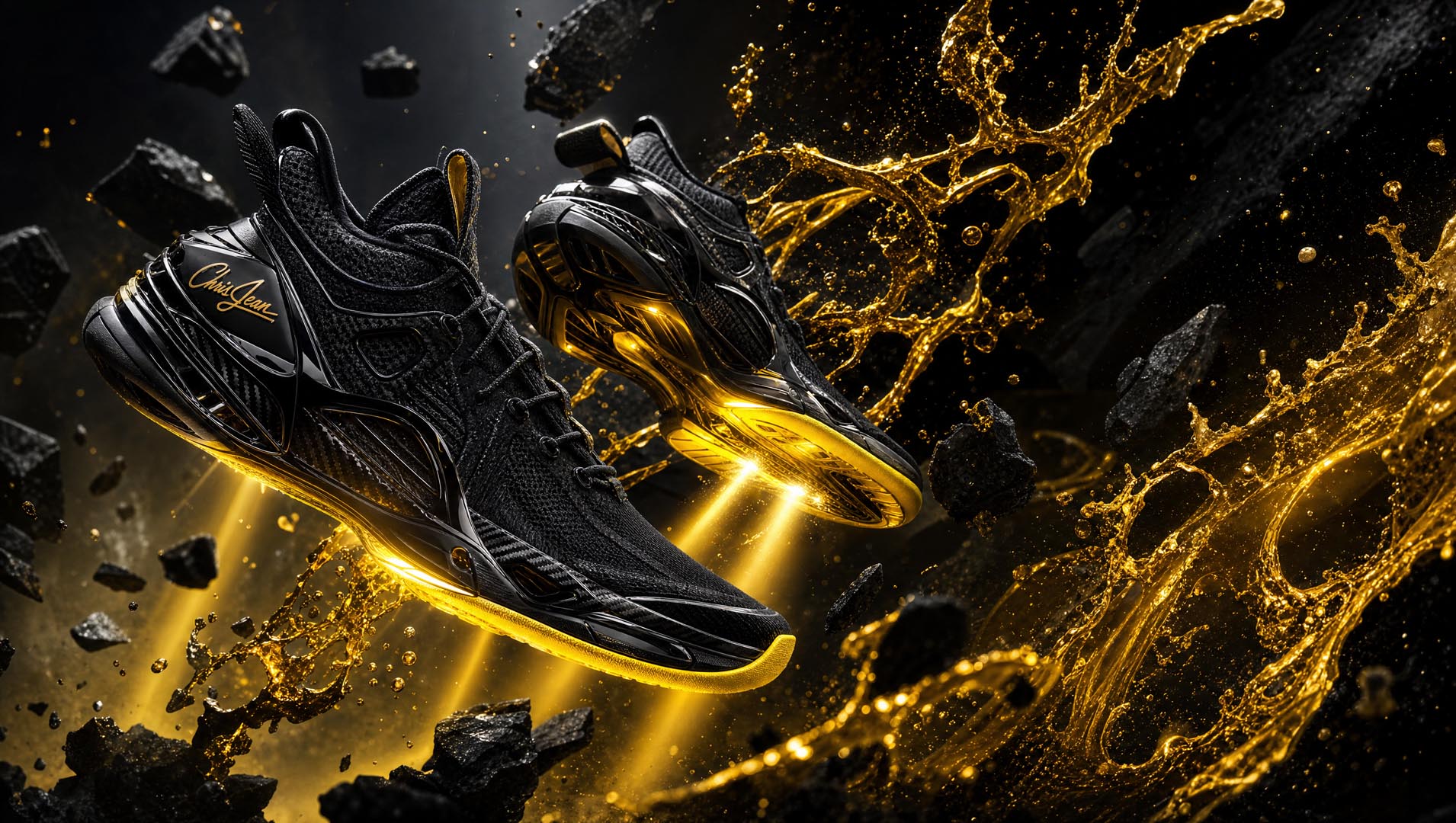 Black sneaker staged with a golden liquid splash